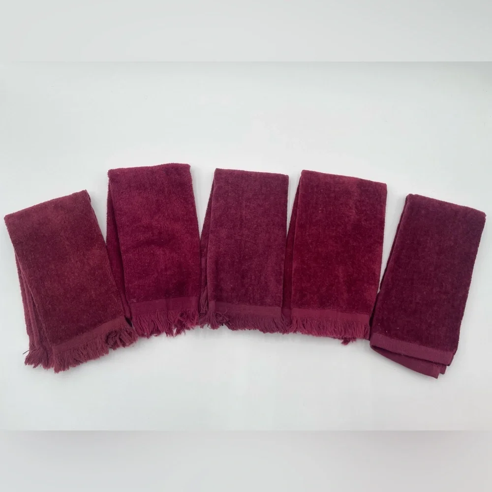 Vtg Christmas Fringe fingertip Hand towels x5 Burgundy Maroon Santa Made in USA